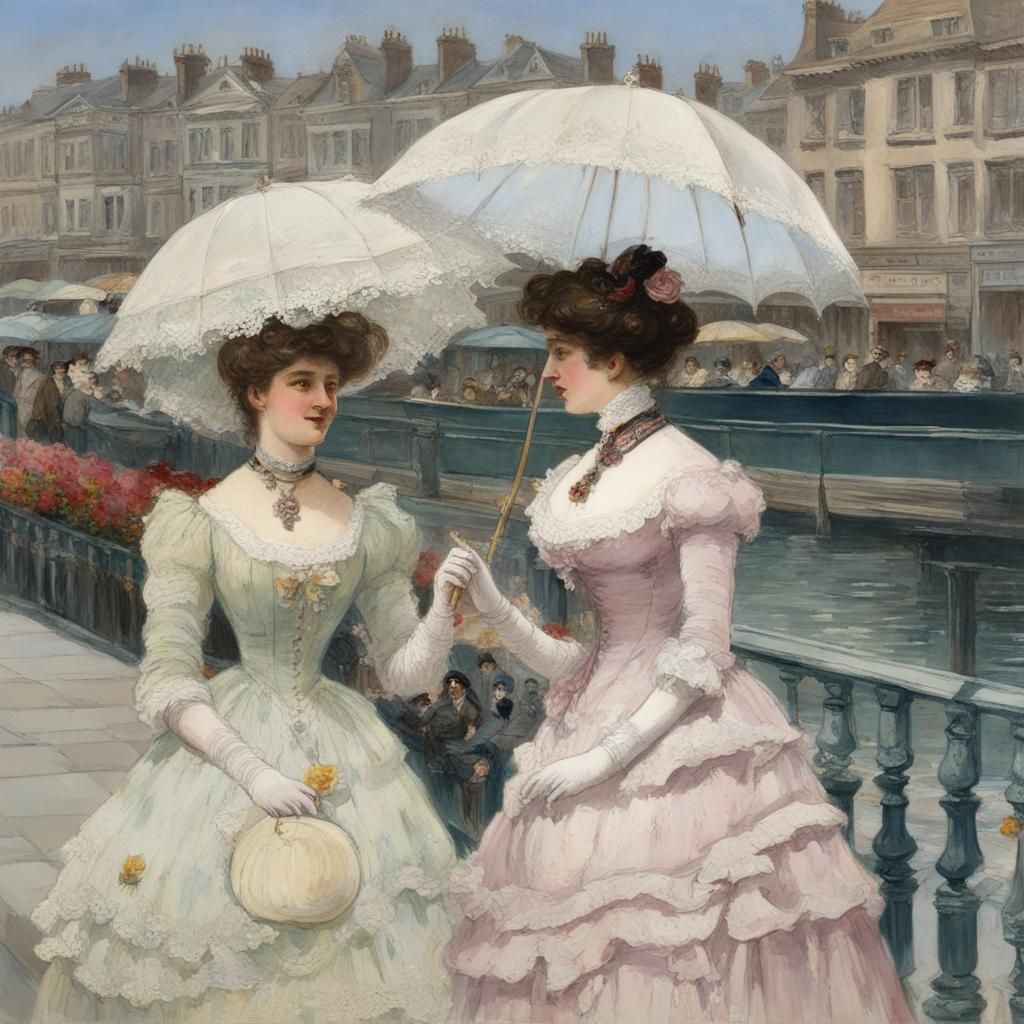 Victorian Women on Sunny Seaside Promenade