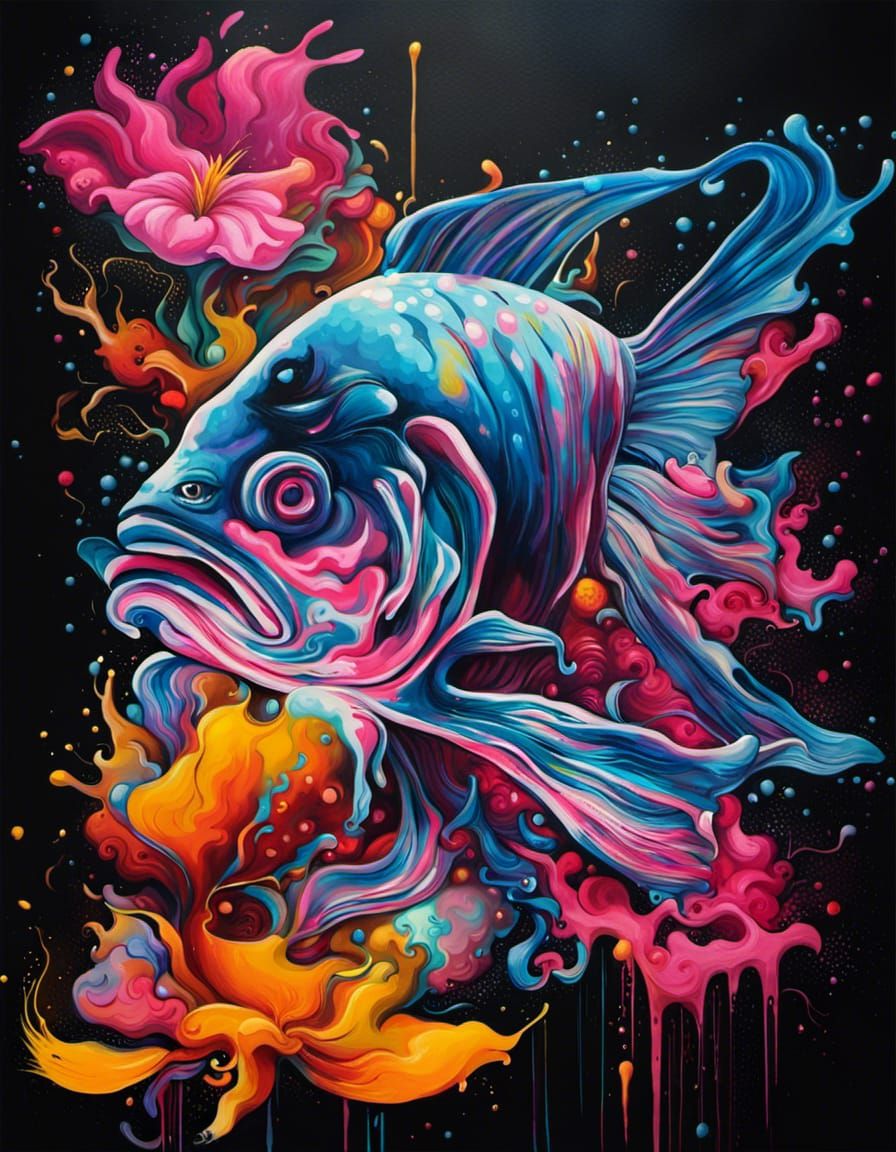 Fish and Flower Graffiti Art in Street Style