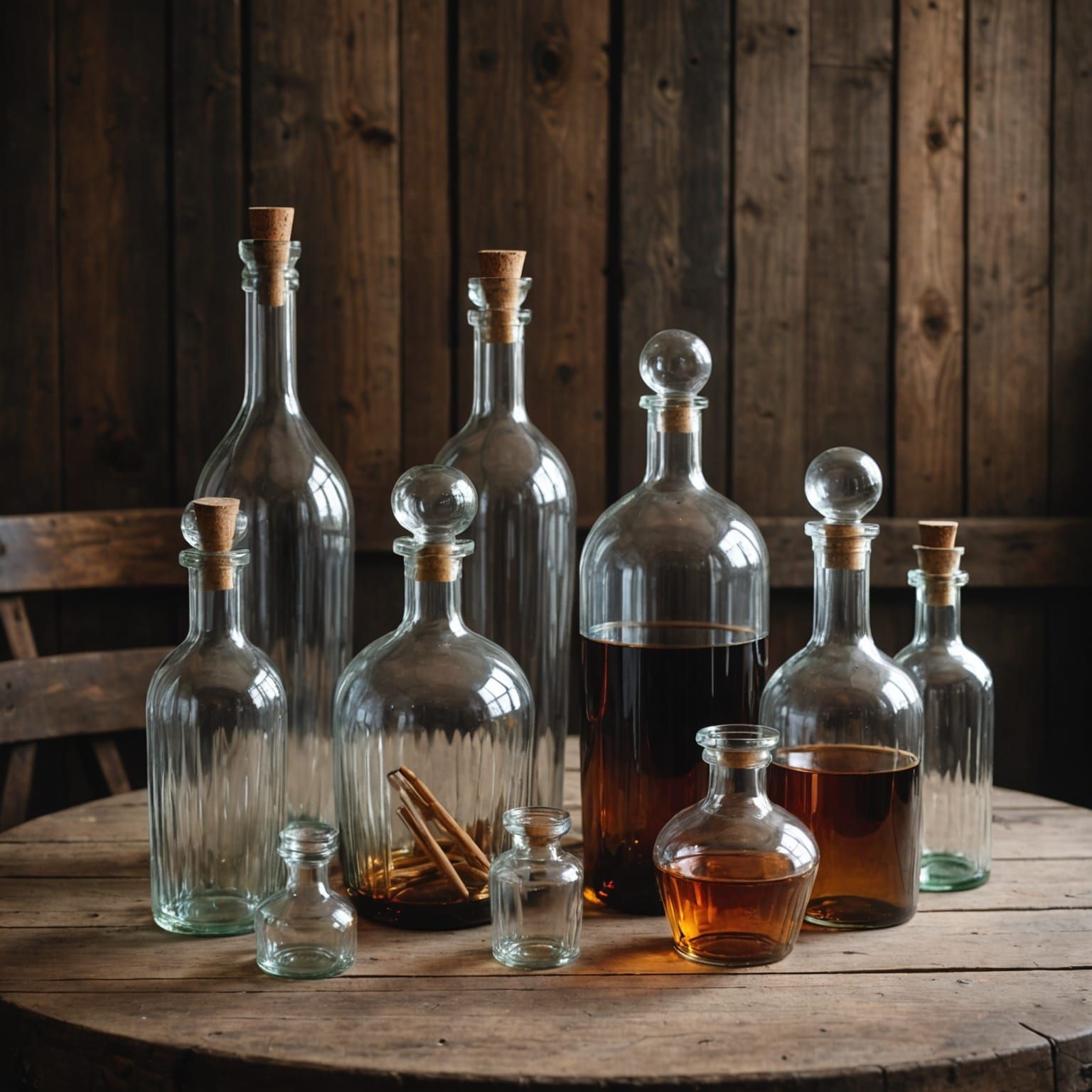 Elegant Glass Bottles on Rustic Wooden Table