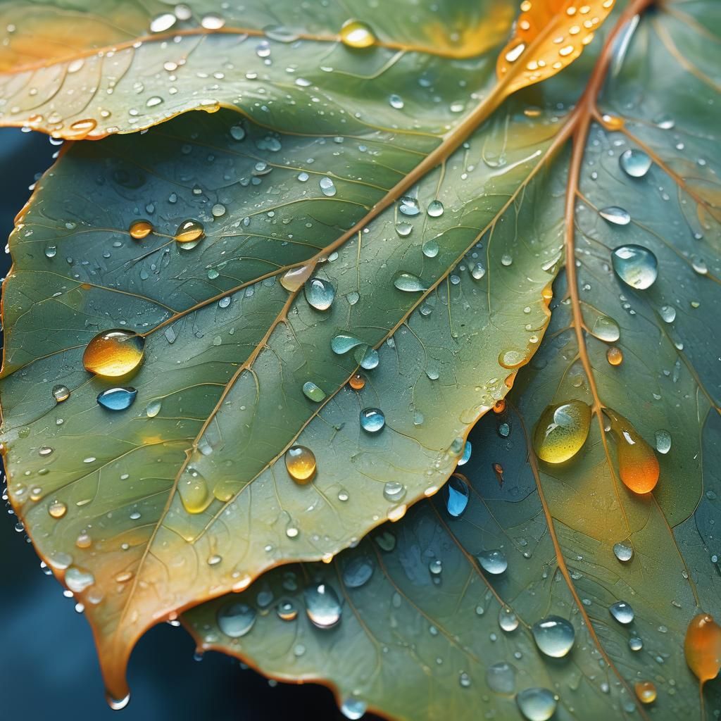 Leaf with Droplets in Dreamlike Macro Photography