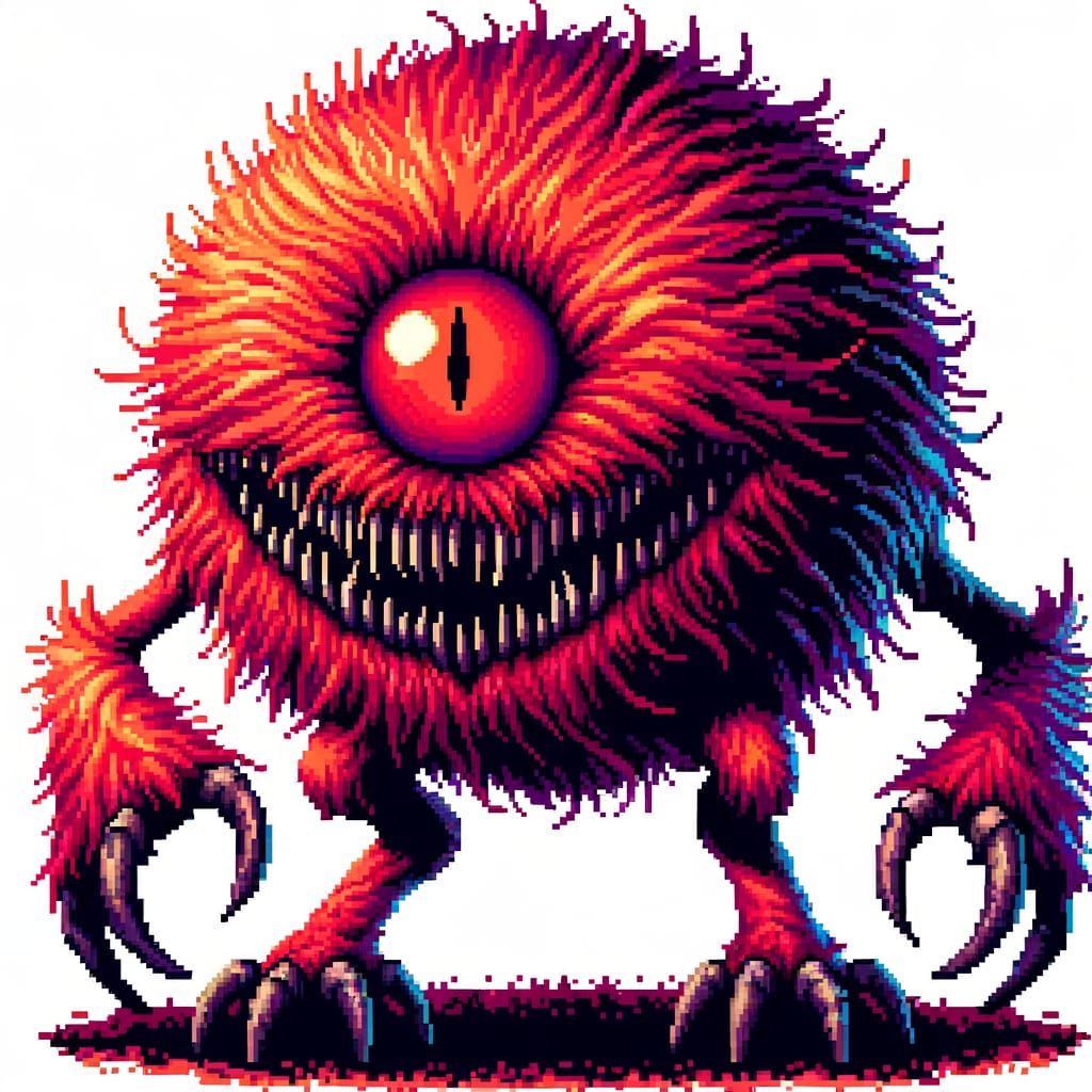 Pixel Art: Red Furry Monster with Glowing Eye