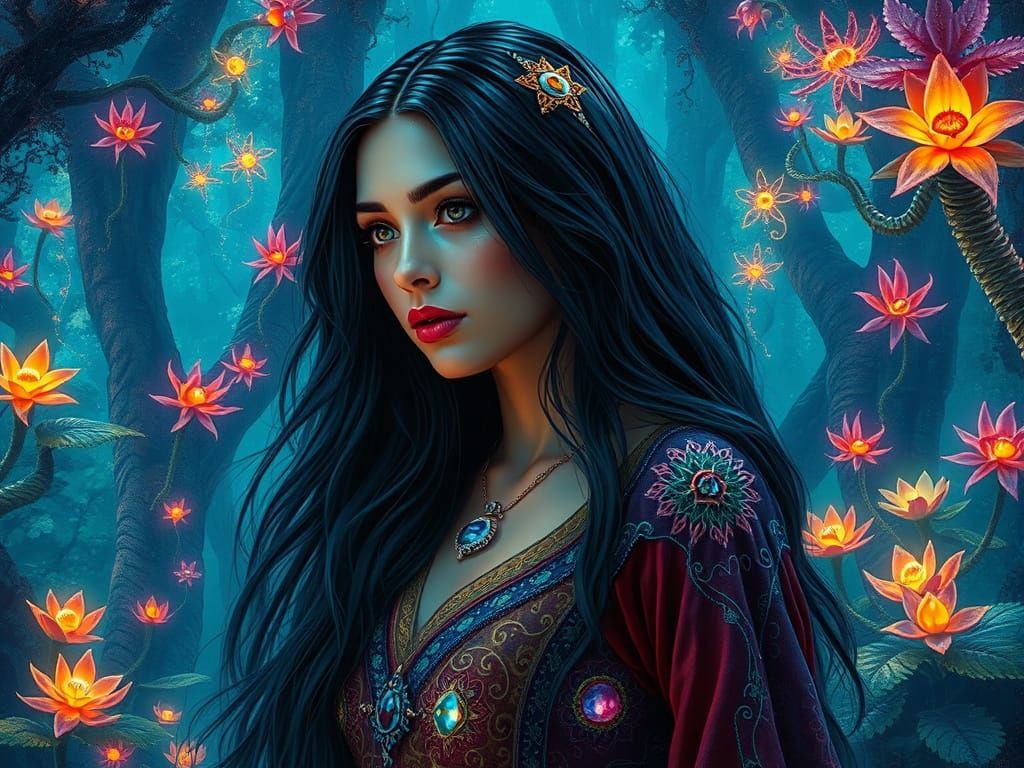 Majestic Woman in Bioluminescent Forest, Fantasy Art