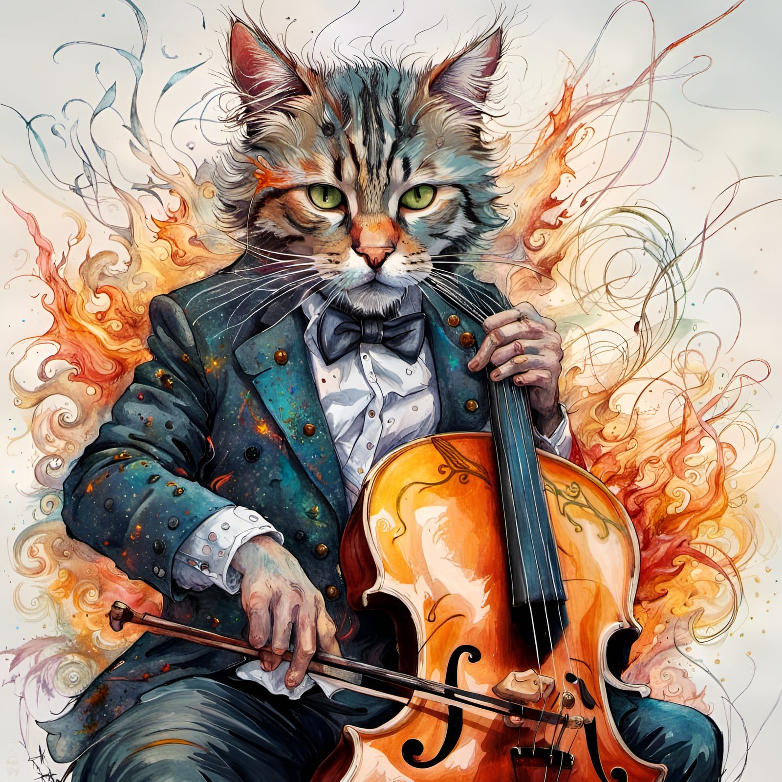 Fiery Cat Cellist in Dark Fantasy Style