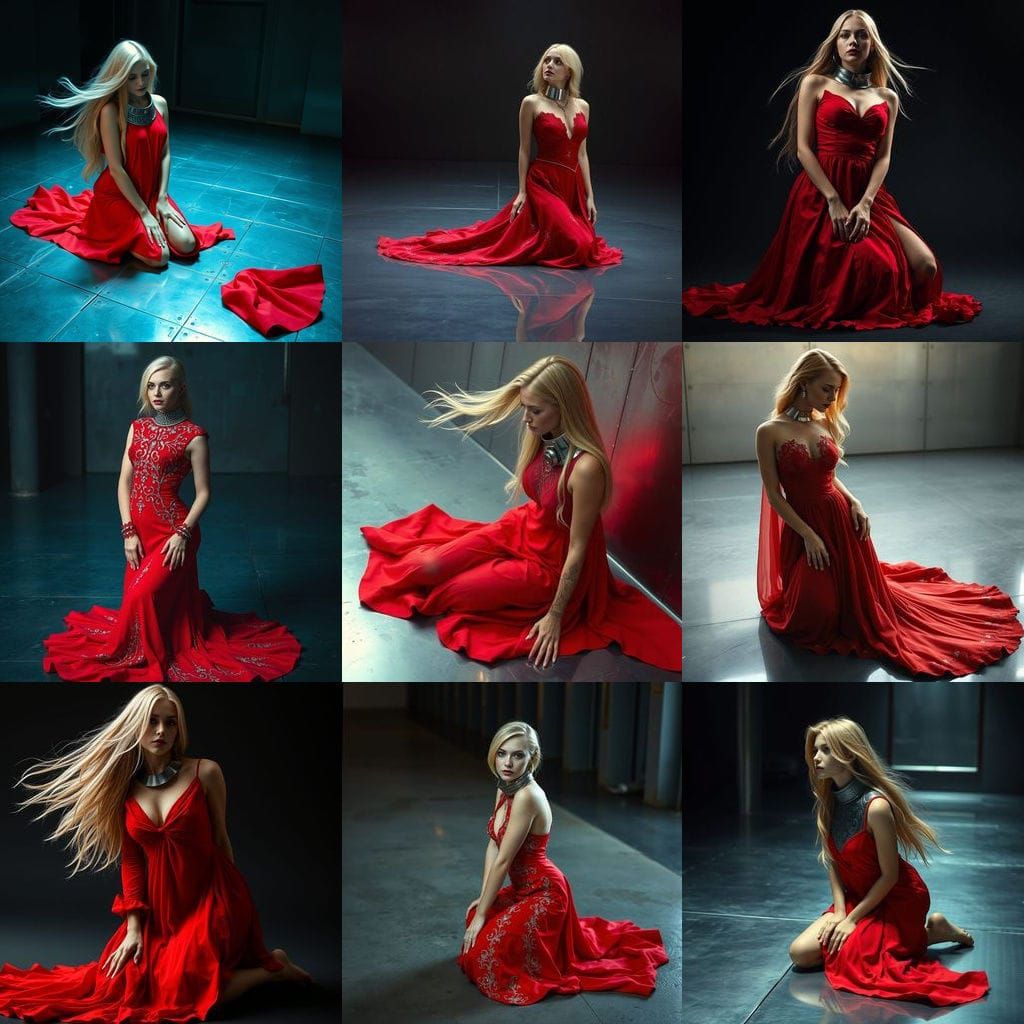 Vibrant Woman in Red Dress, Steel Collar, and Blonde Hair