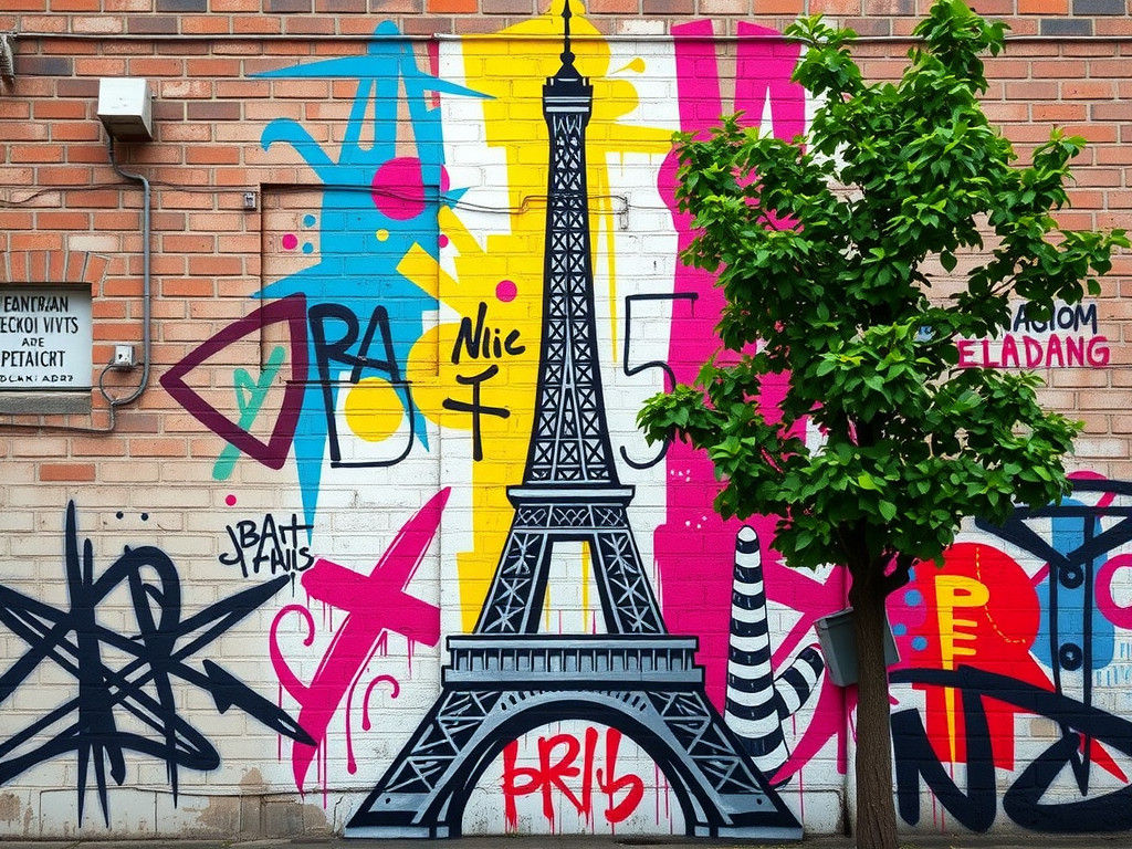 Eiffel Tower Graffiti Art on Brick Wall