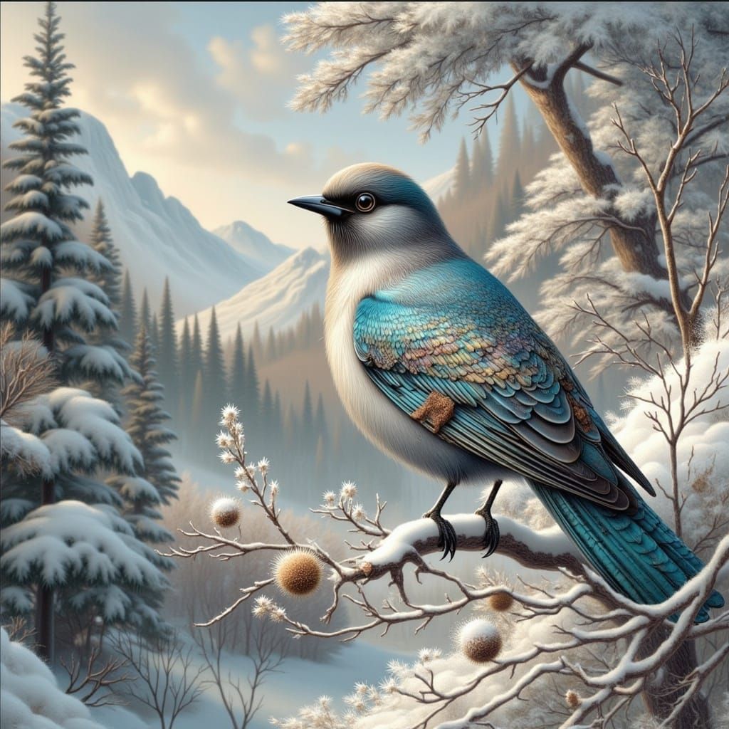 Blue Magpie in Winter Wonderland, Detailed Realism