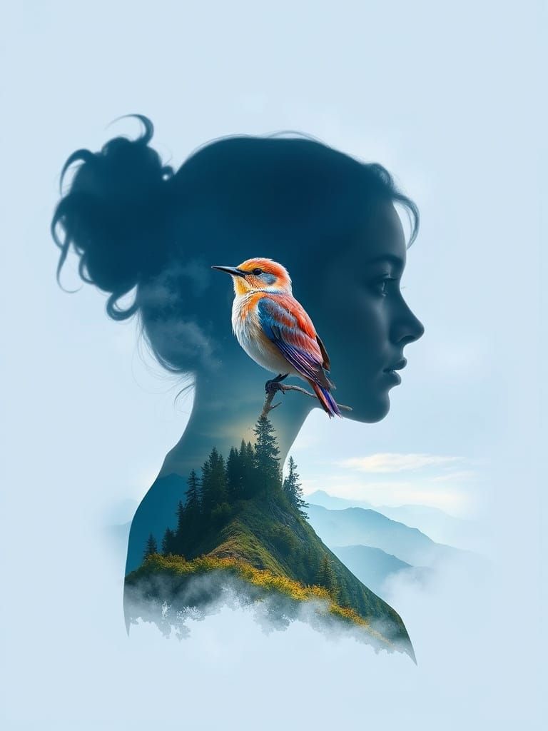 Dreamy Watercolor Landscape Inside Woman Silhouette