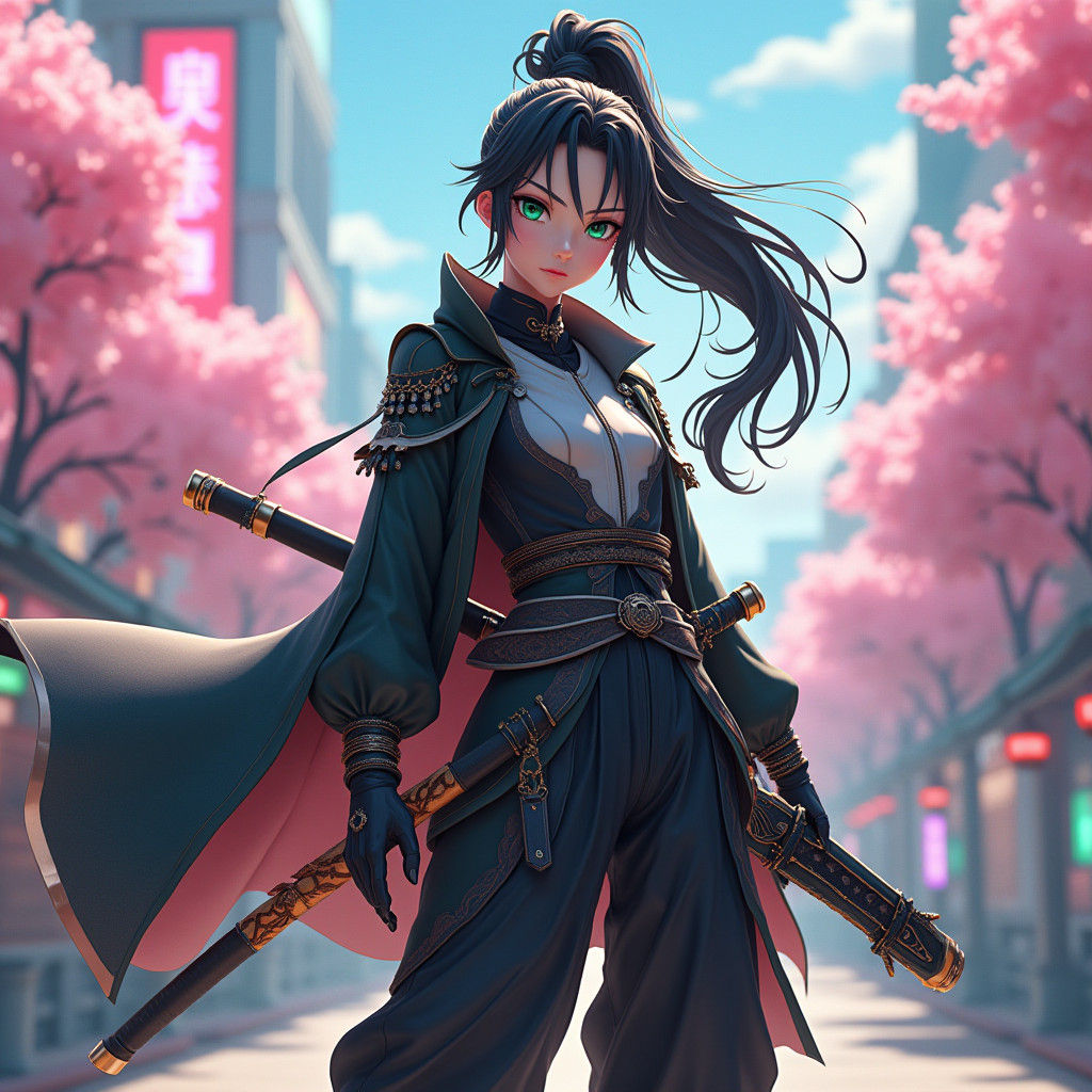 Futuristic Samurai Warrior in Urban Landscape