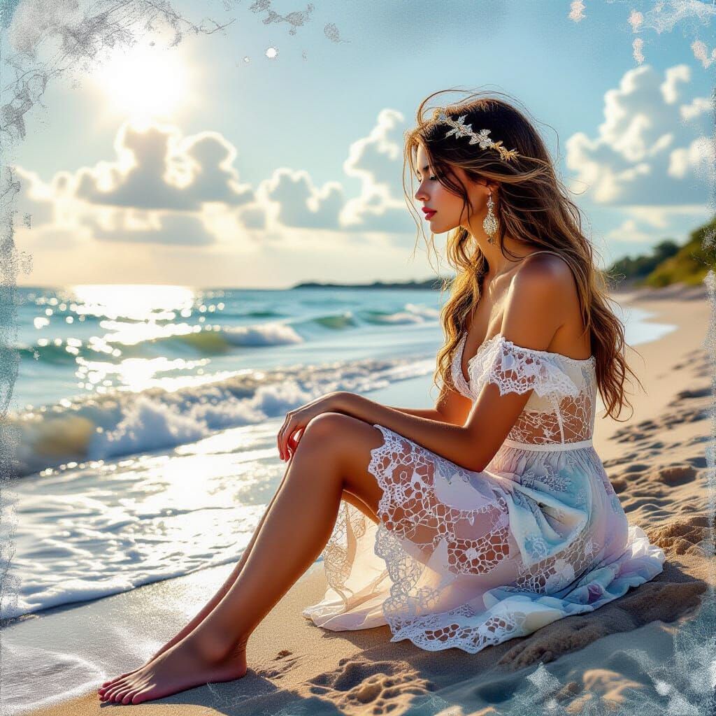 Steampunk Girl on Embankment in Watercolor Collage