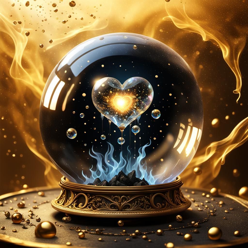 Mystical Crystal Ball with Flames in Retro-Futuristic Style