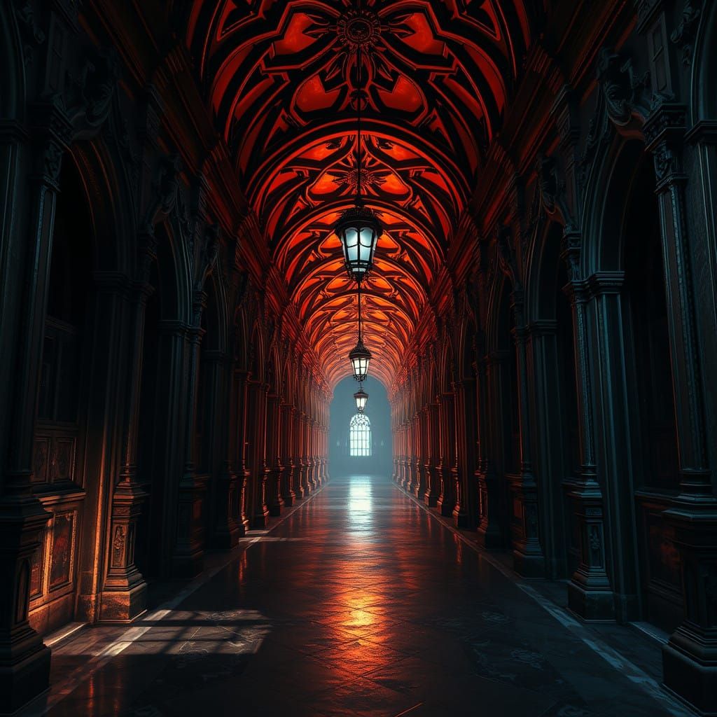 Haunting Gothic Corridor in Cyberpunk Aesthetic