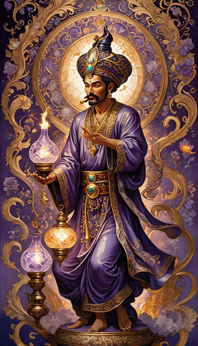 Beautiful amethyst genie lamp with light CLOISONNE STYLE swirling Zentangle patterns Filigree gold designs handsome wise...