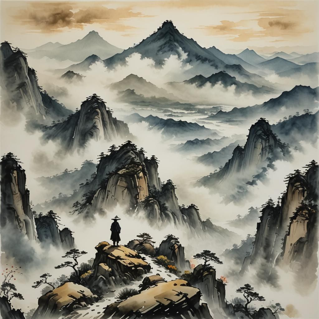 Mist-Covered Mountain Serenity in Gouache Watercolor Style
