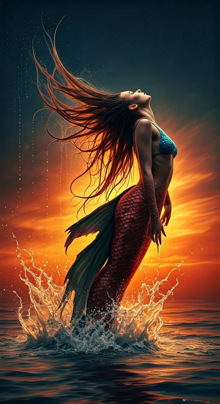 Sunlit Mermaid Leaping from the Ocean