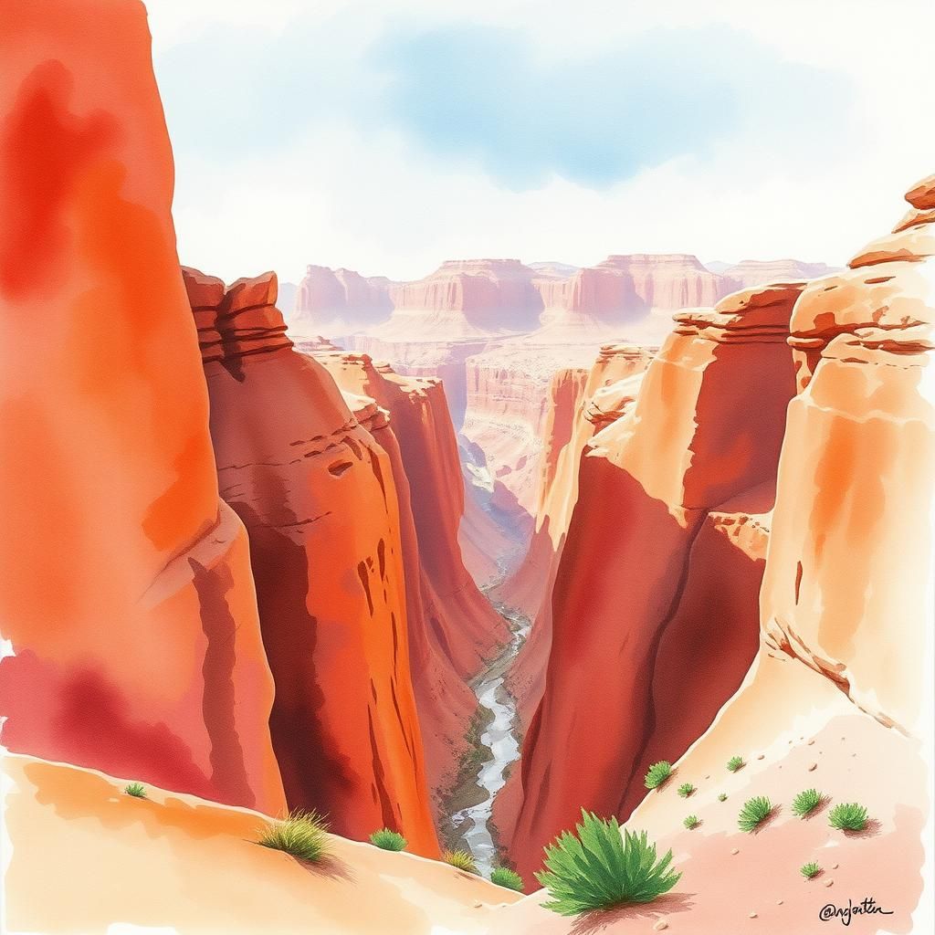 Red Desert Canyon in Watercolor Style
