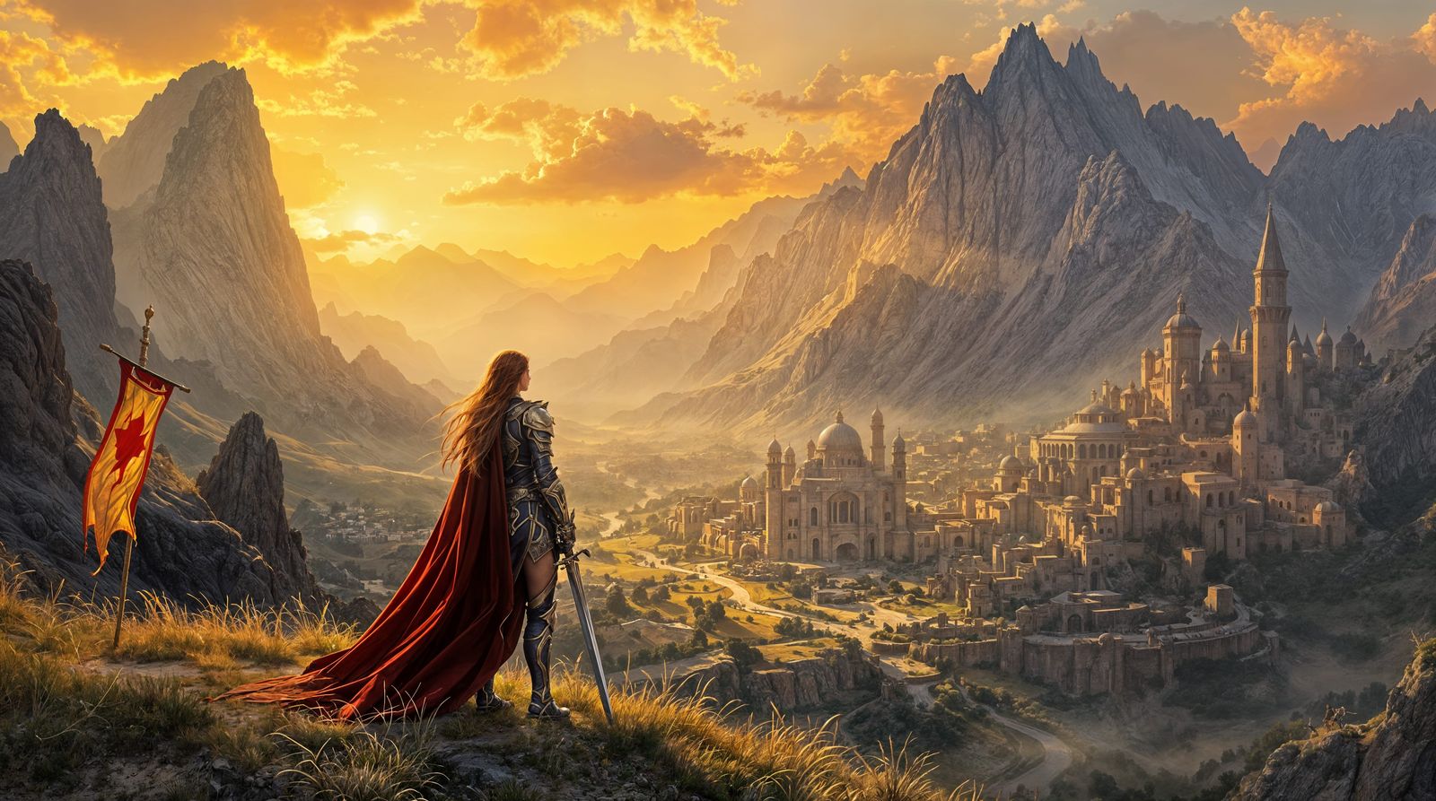 Epic Hyperrealistic Landscape Painting of Female Warrior and...