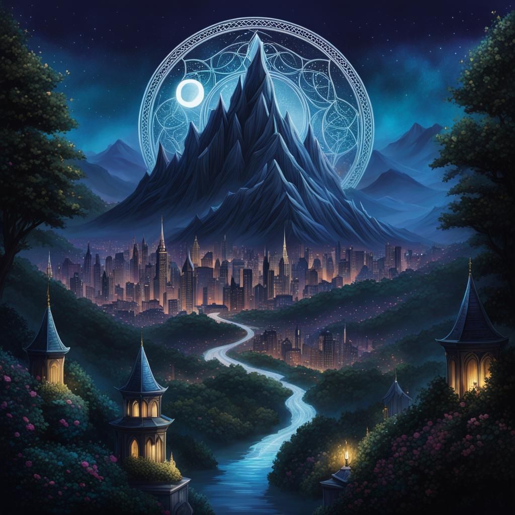 Magical Dark City of Fae in Mountain Landscape