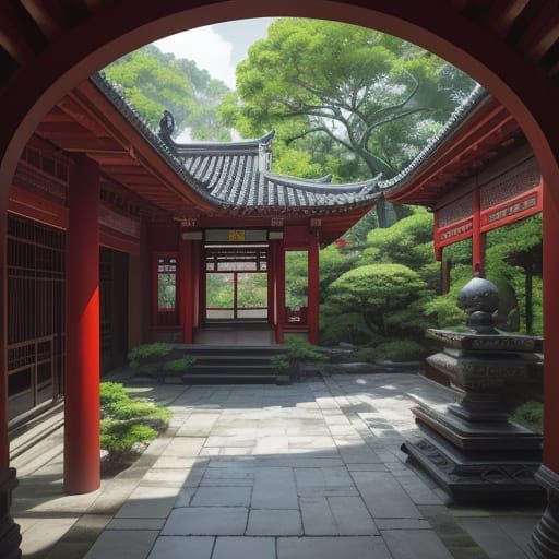 Majestic Chinese Temple in a Serene Bamboo Forest
