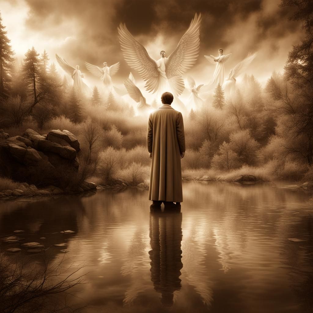 Angels Descend Upon Forest Scene in Sepia