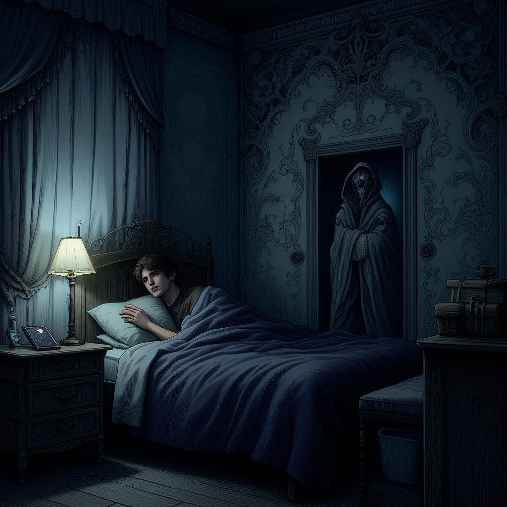 Terrified Man in Gothic Horror Bedroom