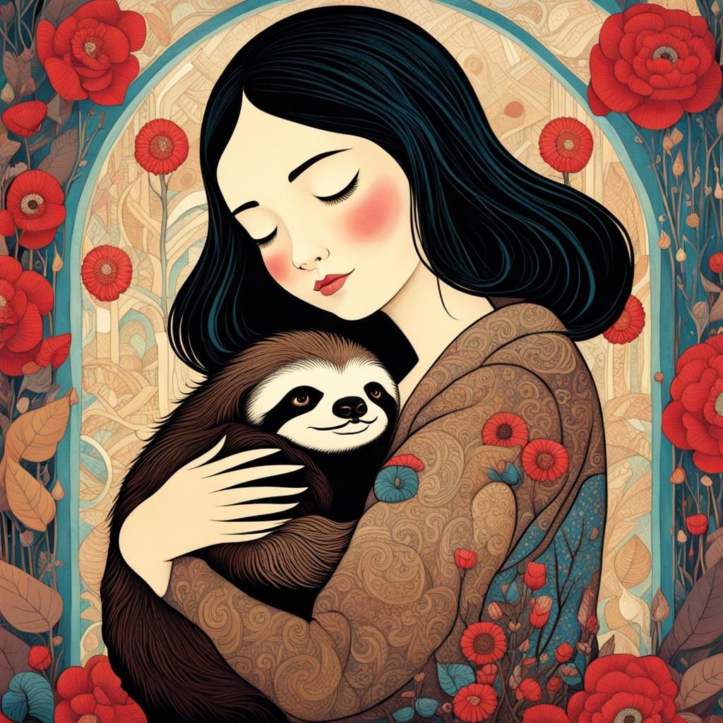 Girl Hugging Sloth in Art Brut Style