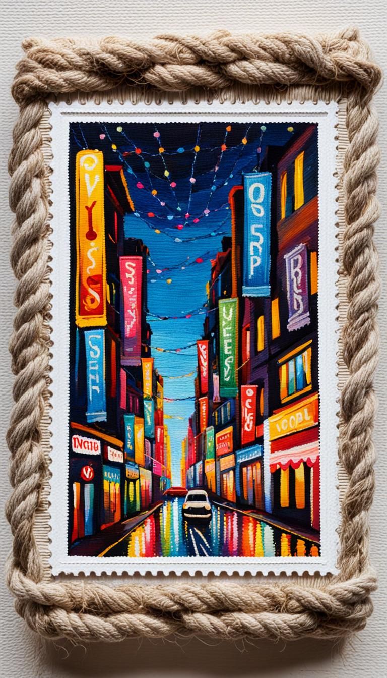 White framed postage stamp  made of  wool ropes,  city light...