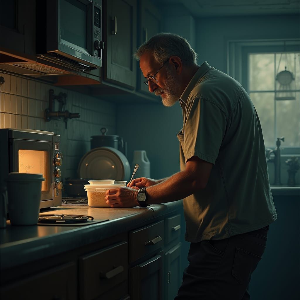 Man Eats in Dim Kitchen, Syd Mead Style