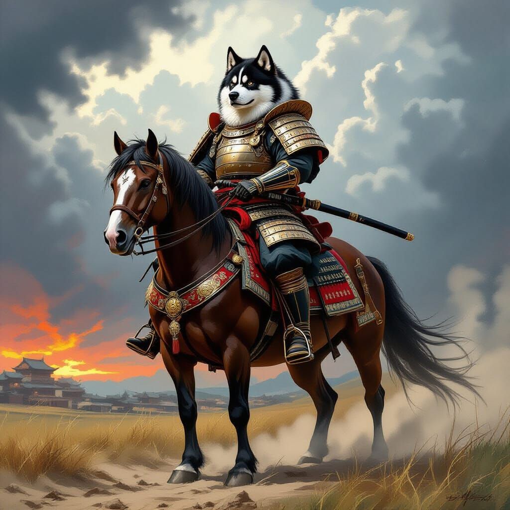 Akita Warrior on Horseback in Epic Fantasy Art