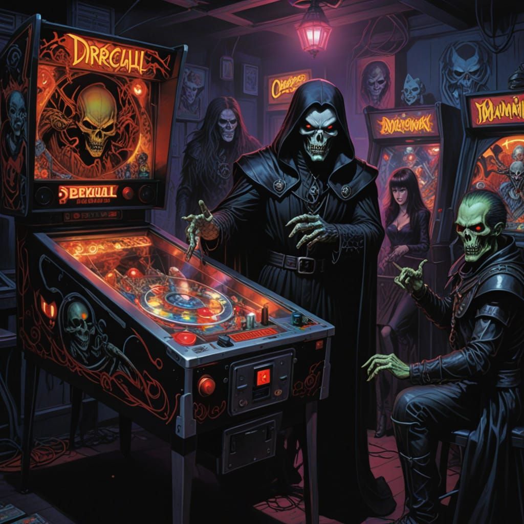 Eerie Arcade Pinball Scene in Neon-Lit Horror Style