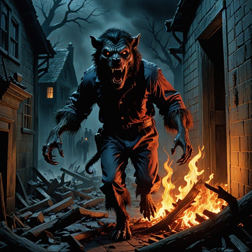 Monstrous Soldier in Burning Village: A Grim Horror Scene