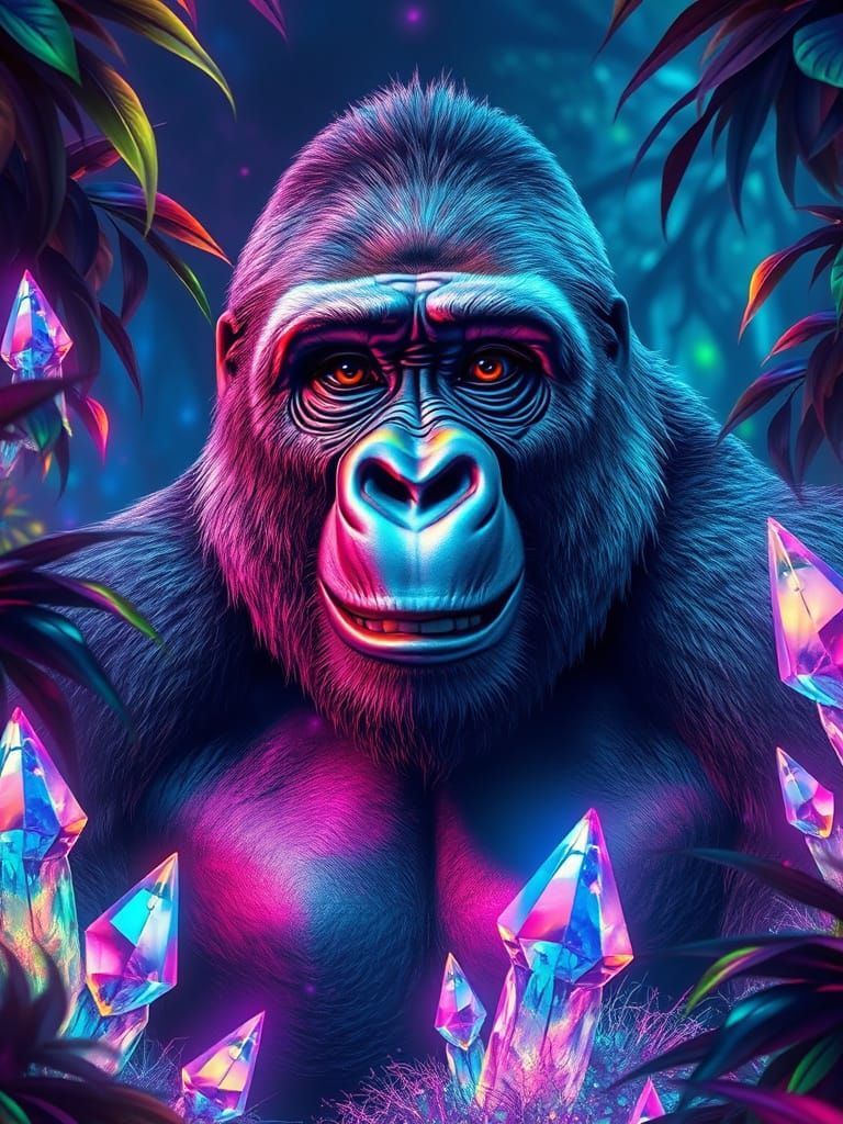Smiling Gorilla in Crystalline Jungle with Bioluminescent Li...