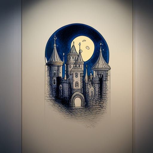 Ancient Castle Under Full Moon in Art Nouveau Style