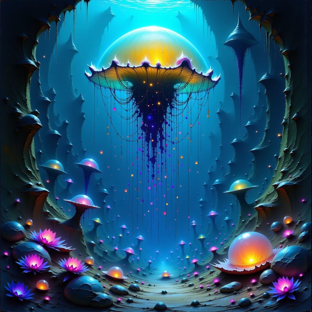 Bioluminescent Jellyfish Drifting Through Sunken City Ruins