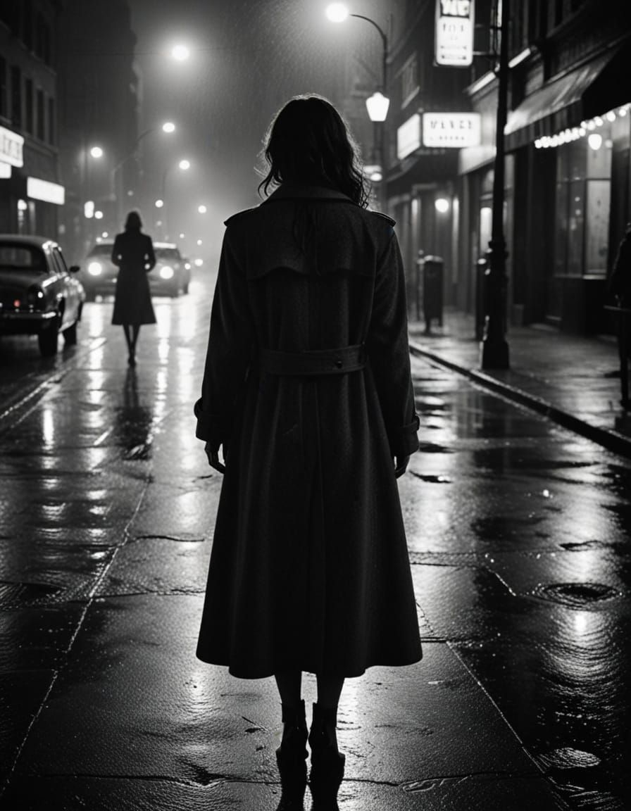 Noir Woman in Moody Cityscape
