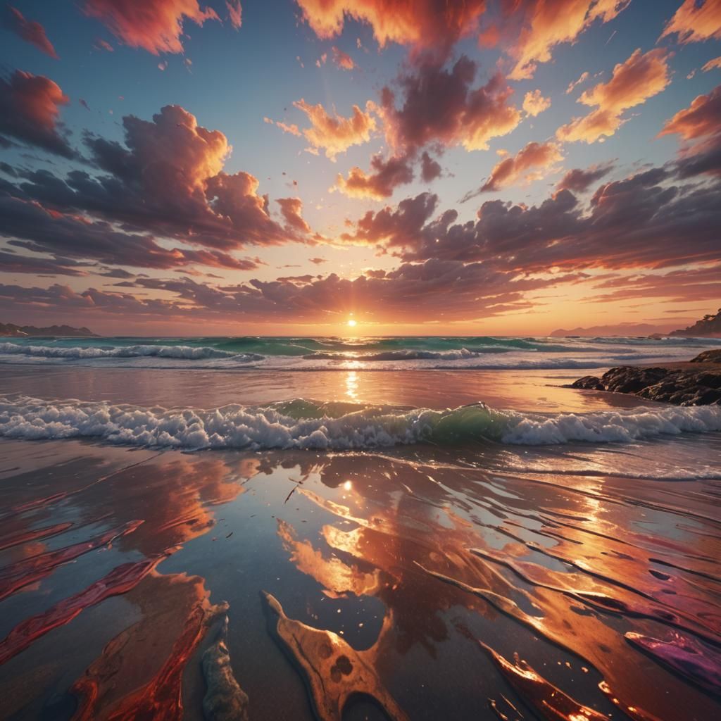 Colorful Sunrise Beach Reflection: Fantasy Concept Art