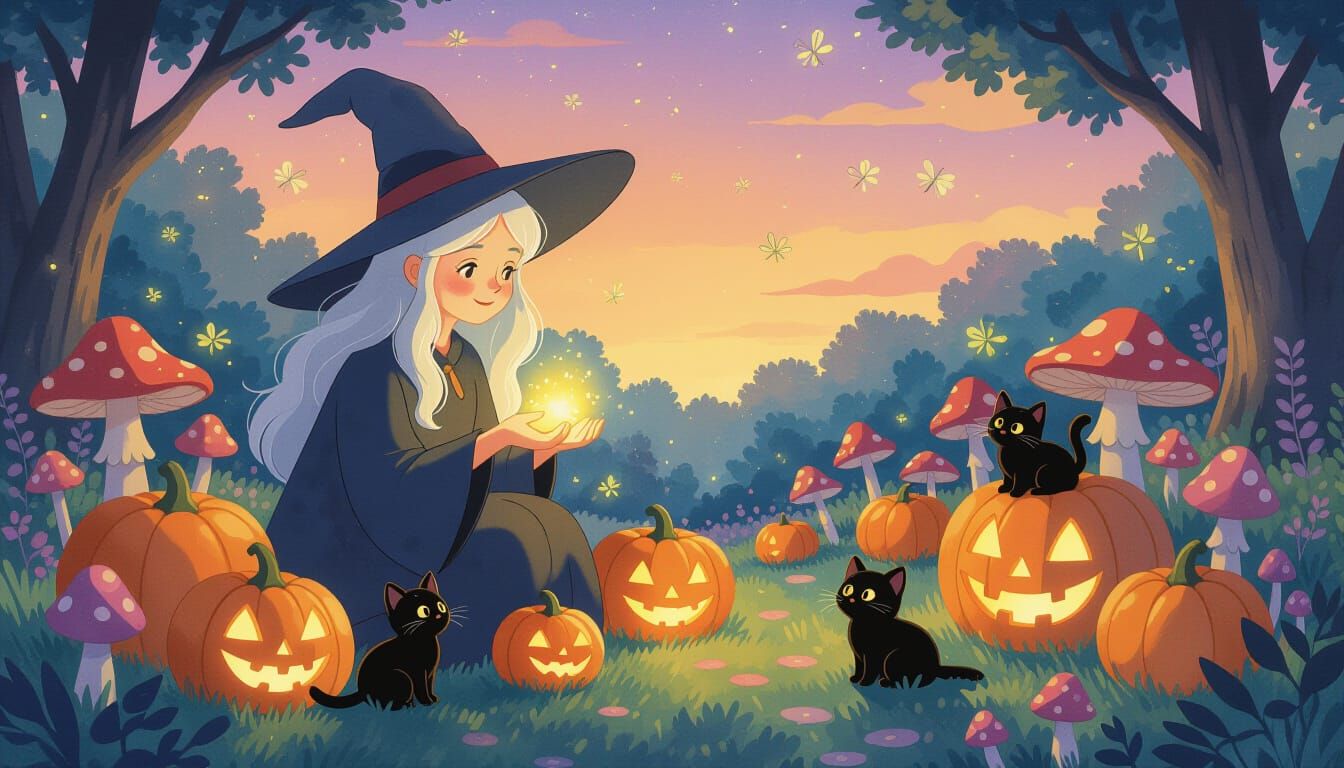 Kind Witch in Enchanted Garden with Luminous Pumpkins