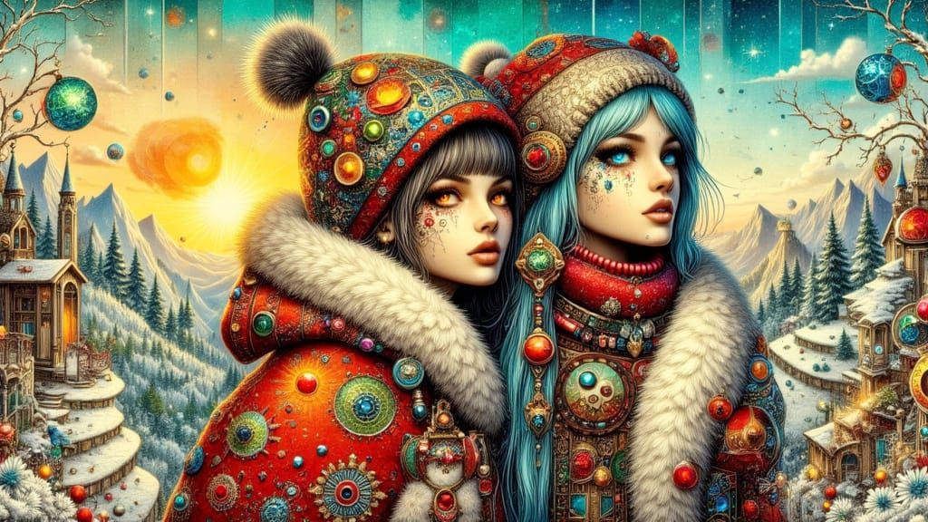 Whimsical Winter & Summer Duo in Fantasy Landscape