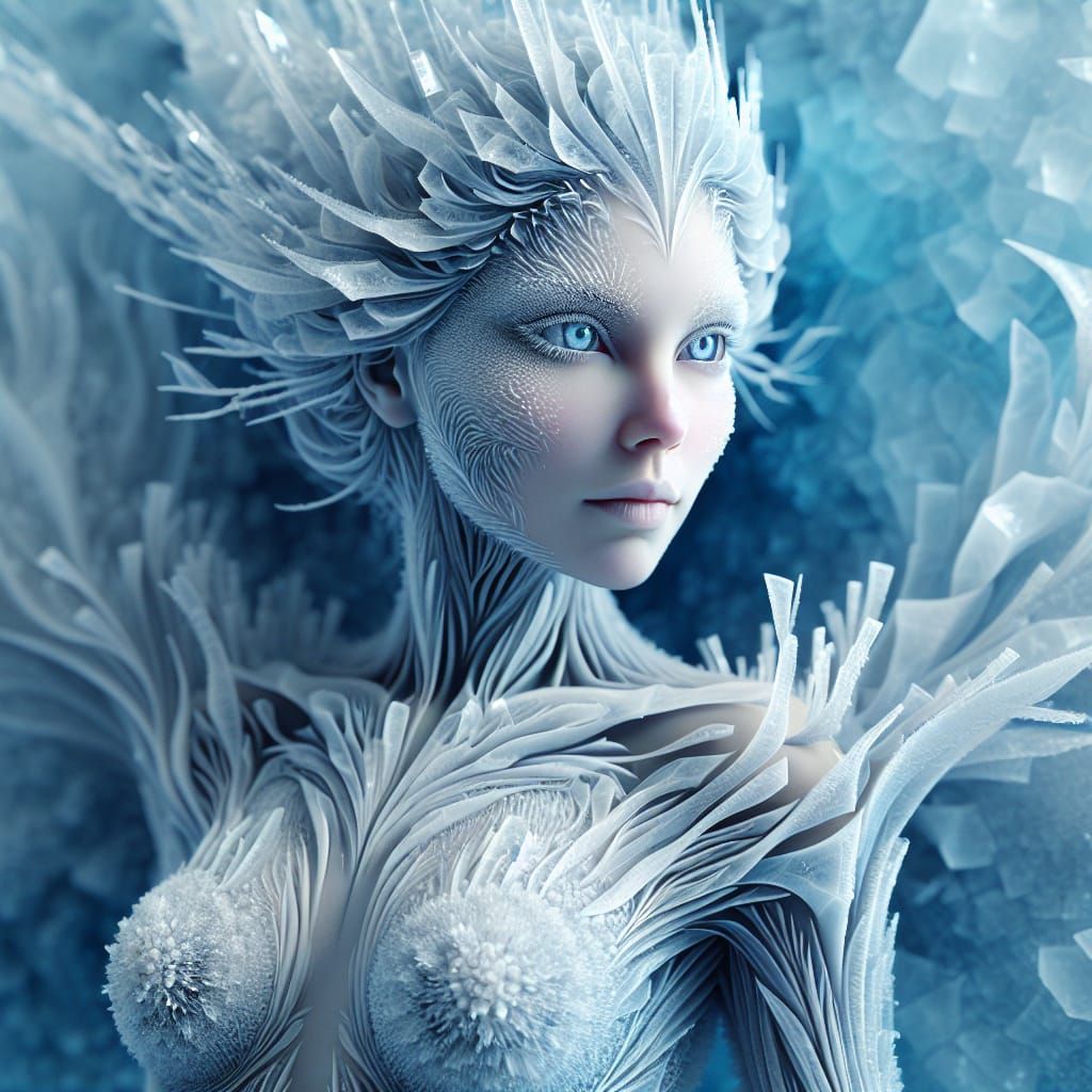 a stunning surreal ice queen, her body is composed of ice cr...