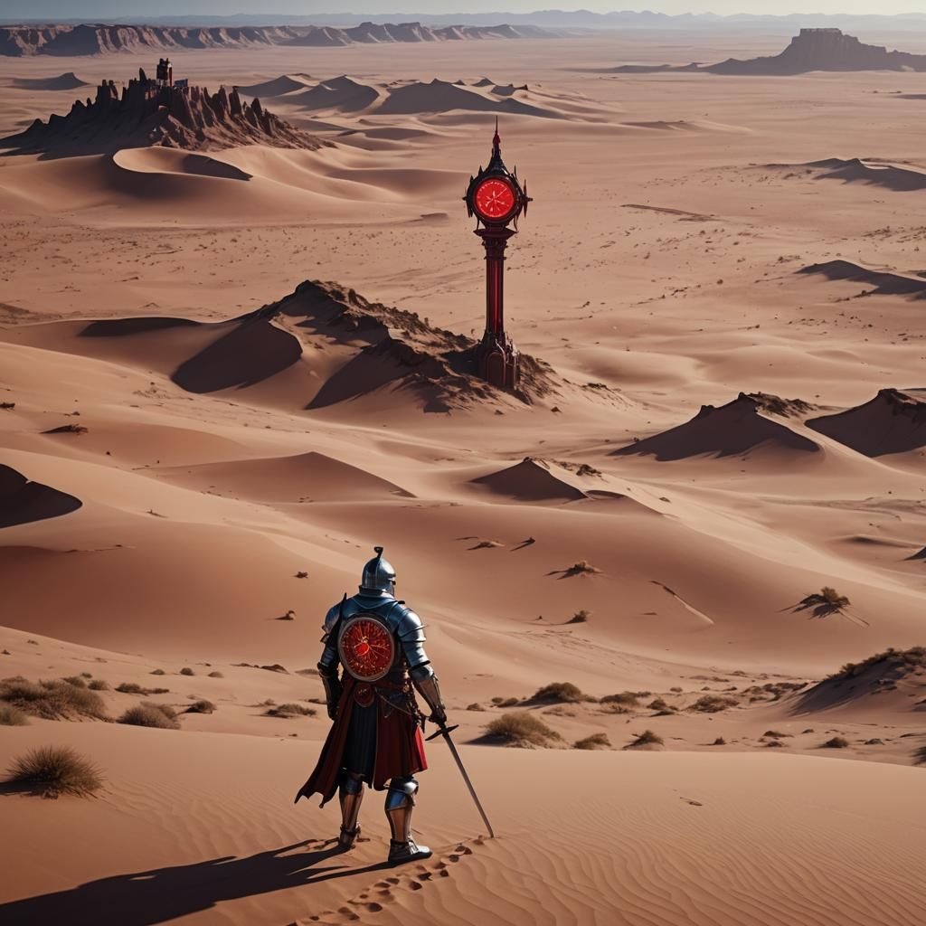 Crimson Knight Wandering Desert, Detailed Matte Painting