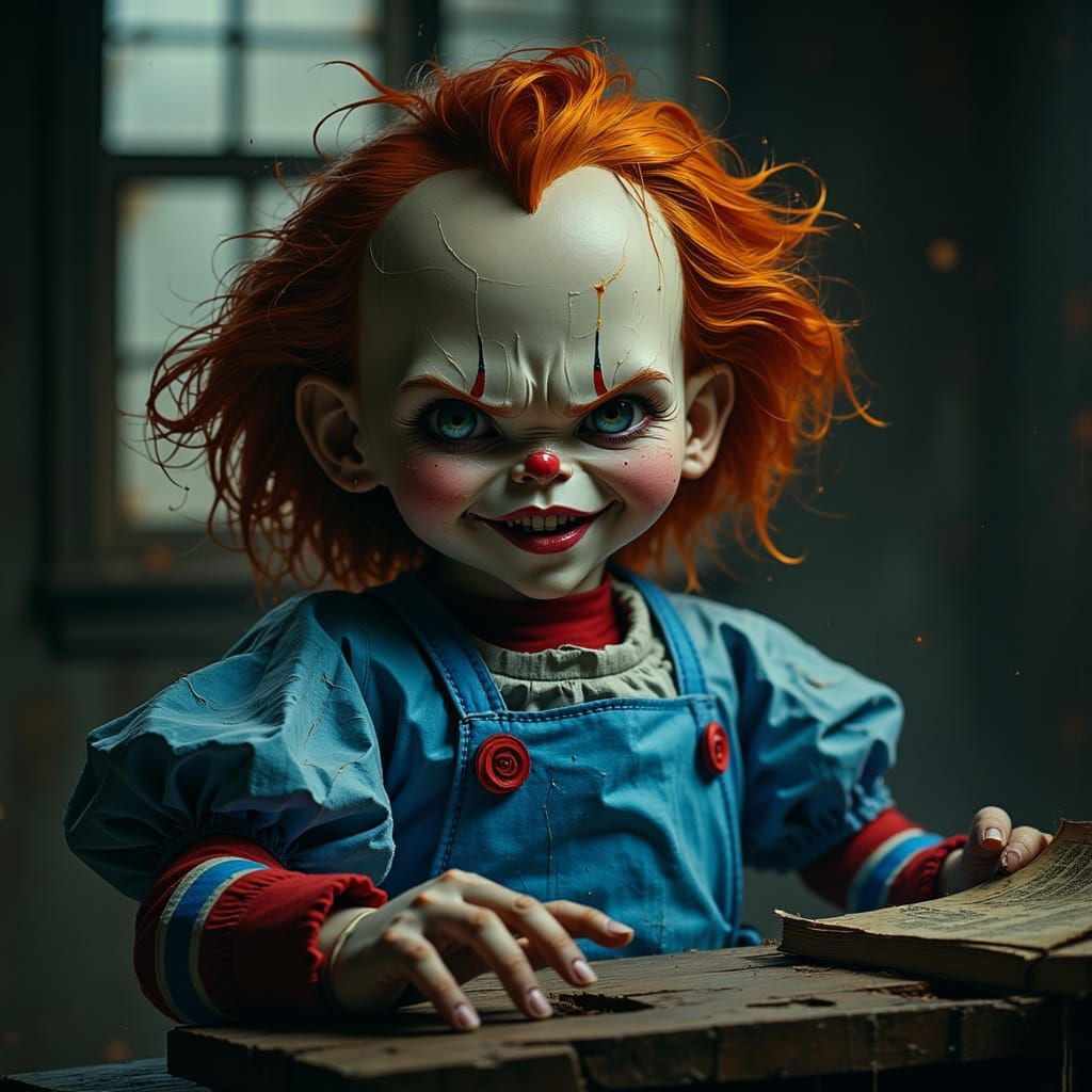 <lora:Akimora:1.0> creepy chucky doll in blue hospital gown, smirking expression, eerie lighting, uncanny horror tone, c...