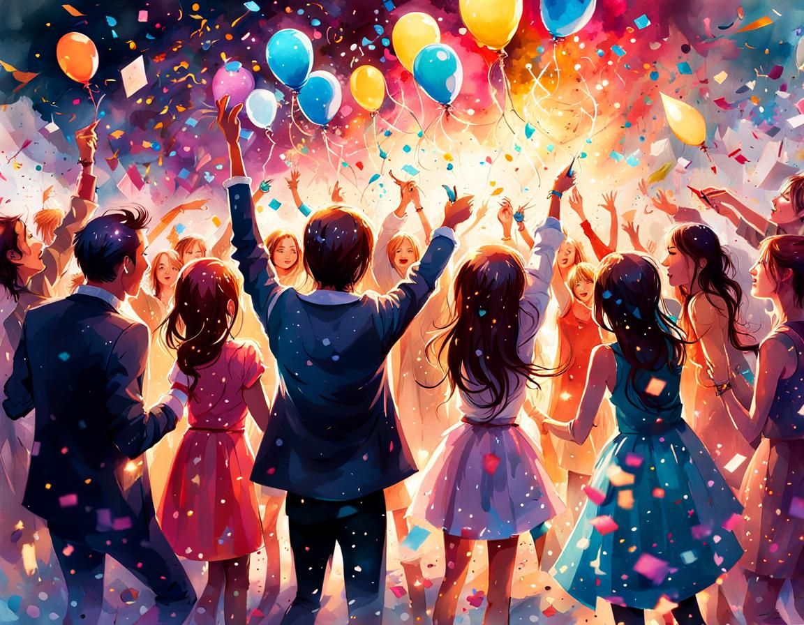 Birthday Party with confetti, splash art effect, Magical lum...