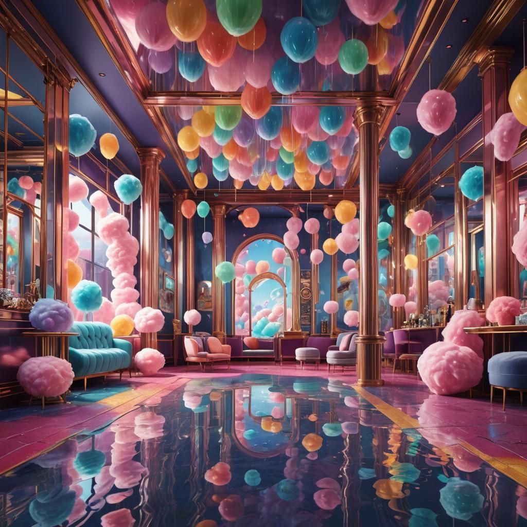 Rainbow Hotel Interior with Water Reflection in Layered Art