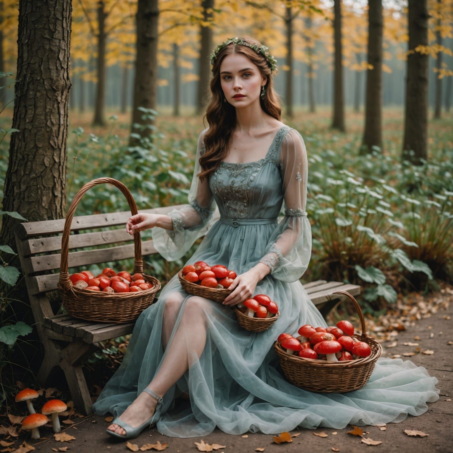 Ethereal Lady in Whimsical Mushroom Garden