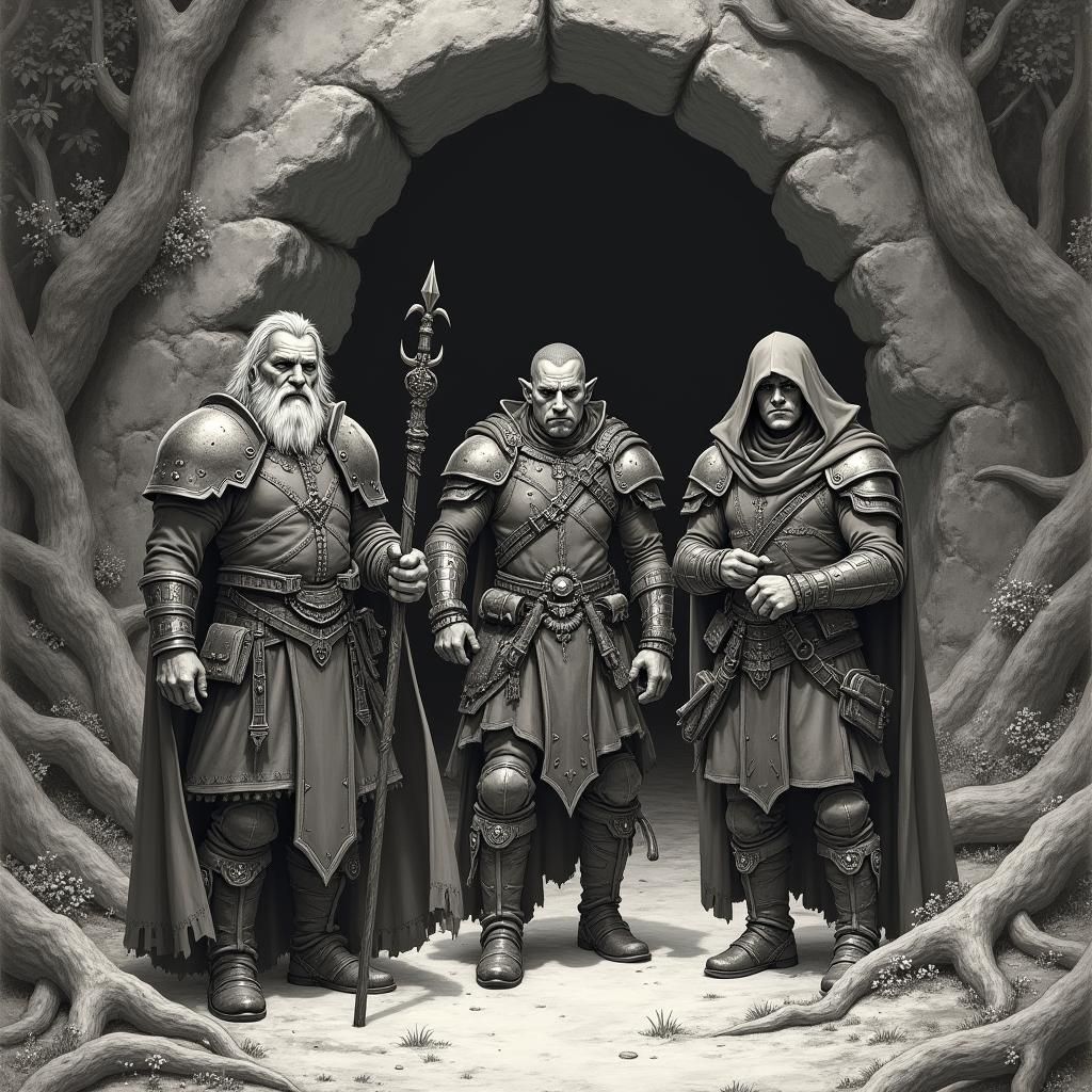 D&D Party at Cave Entrance in Charcoal Style