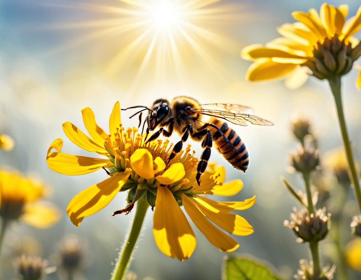 Honey Bee Drinks Nectar in Sunlight