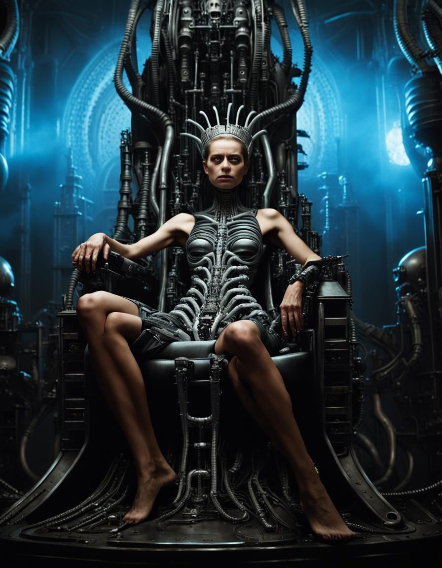 Biomechanical Queen on Throne in Dark Industrial Setting