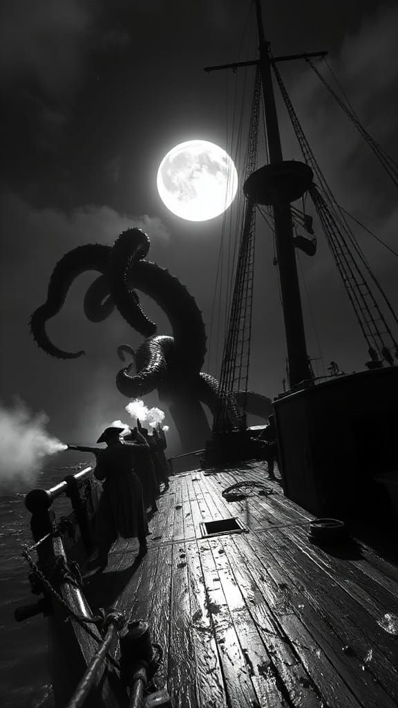 Monochrome Pirate Ship Battle Under Moonlight
