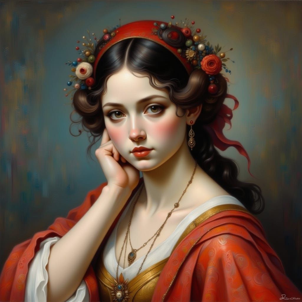 Romantic Goth Portrait in Vibrant Liquid Ink Style