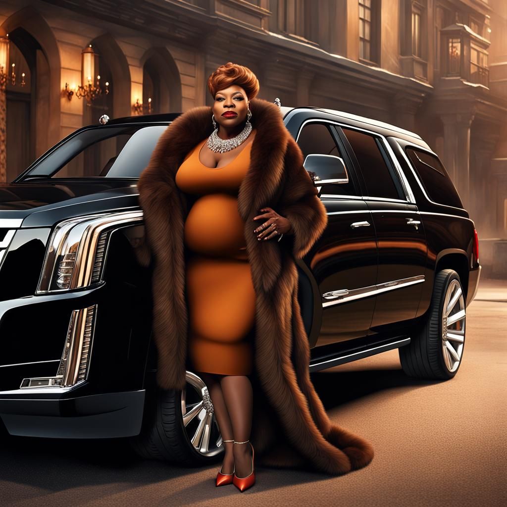 Elegant Woman with Cadillac Escalade in Matte Painting Style