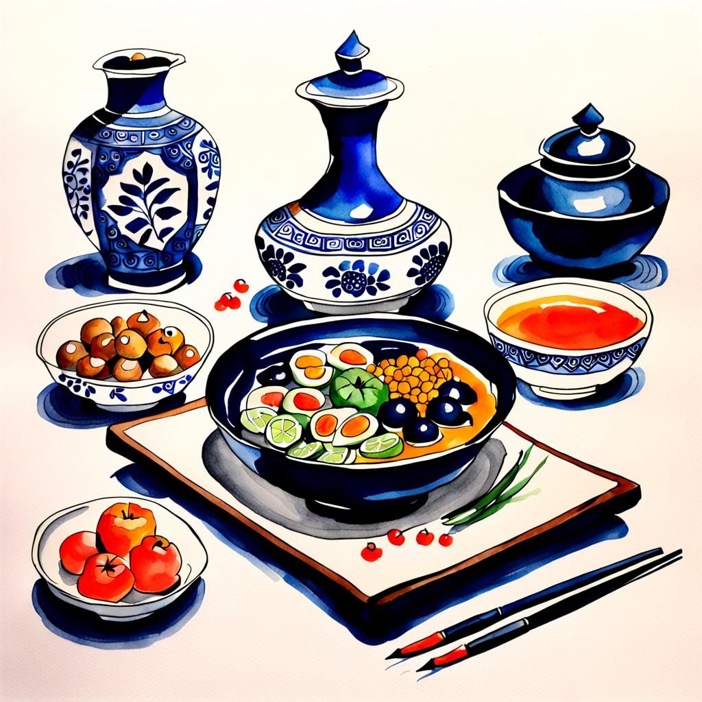 Simple Still Life in Oriental Watercolor Style